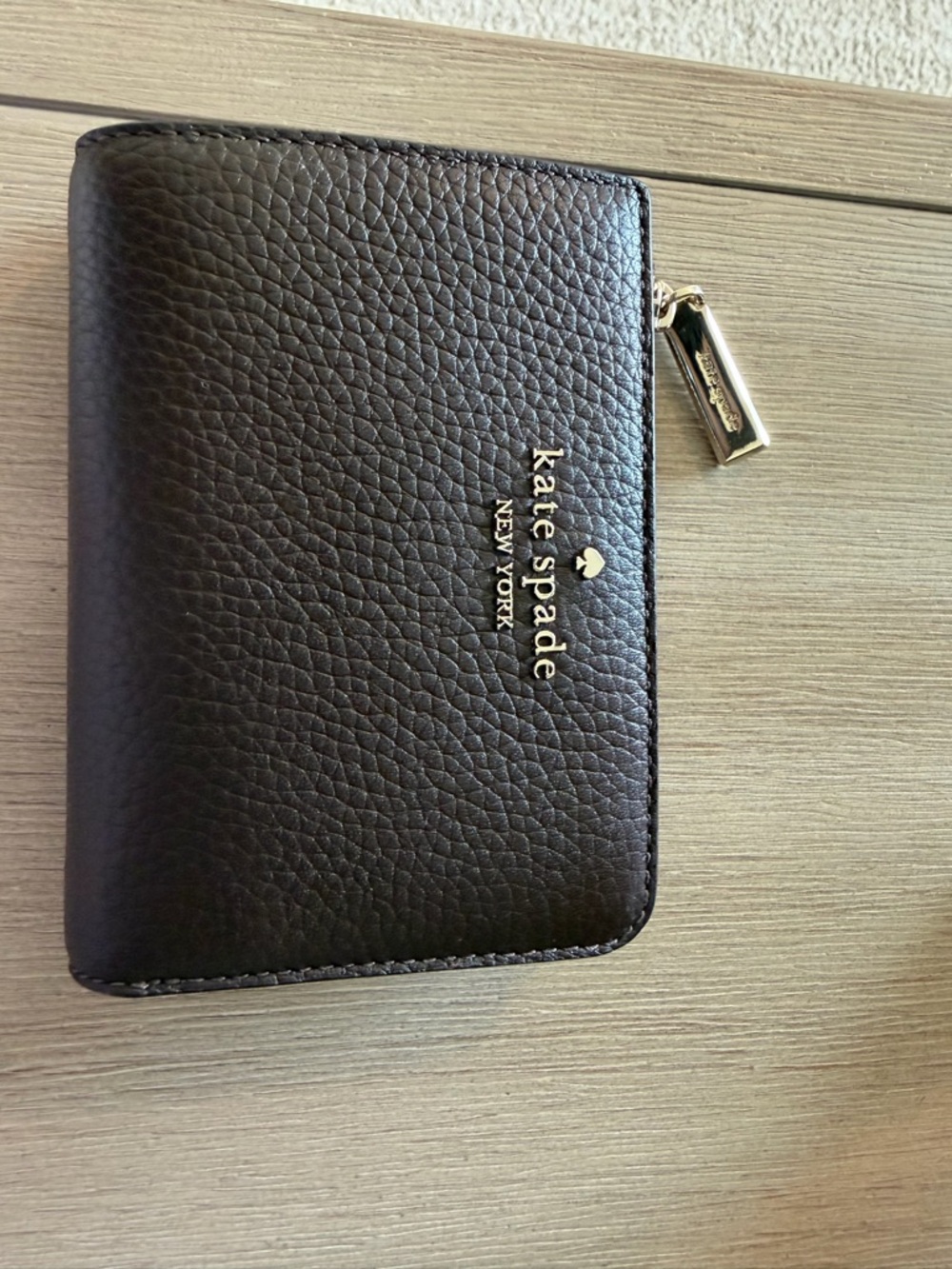 kate spade Brown Pebbled Leather Zip Card Wallet with Gold Logo